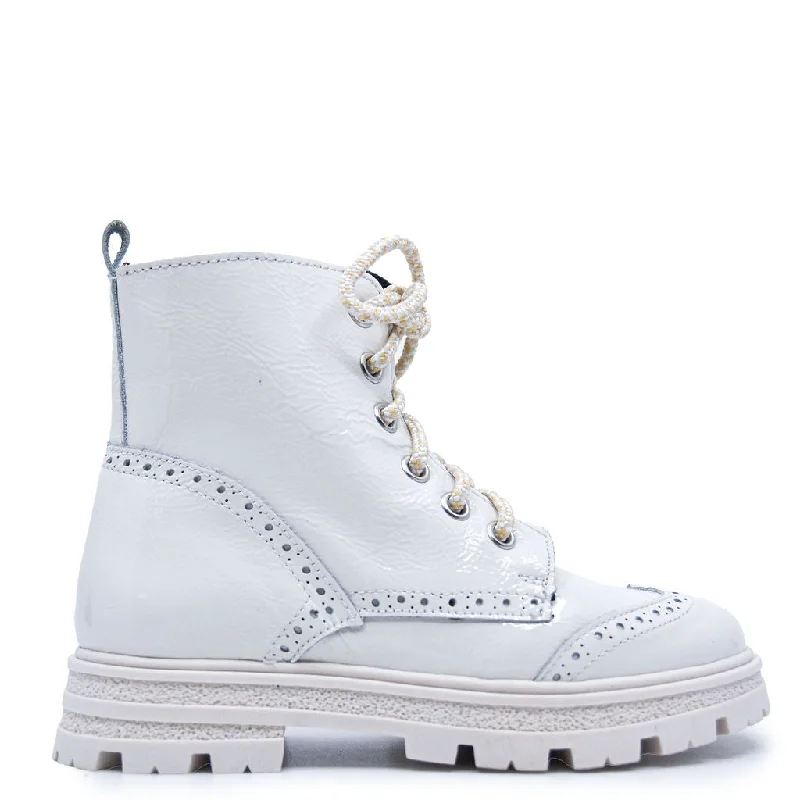 Blublonc Winter White Patent Wingtip Bootie