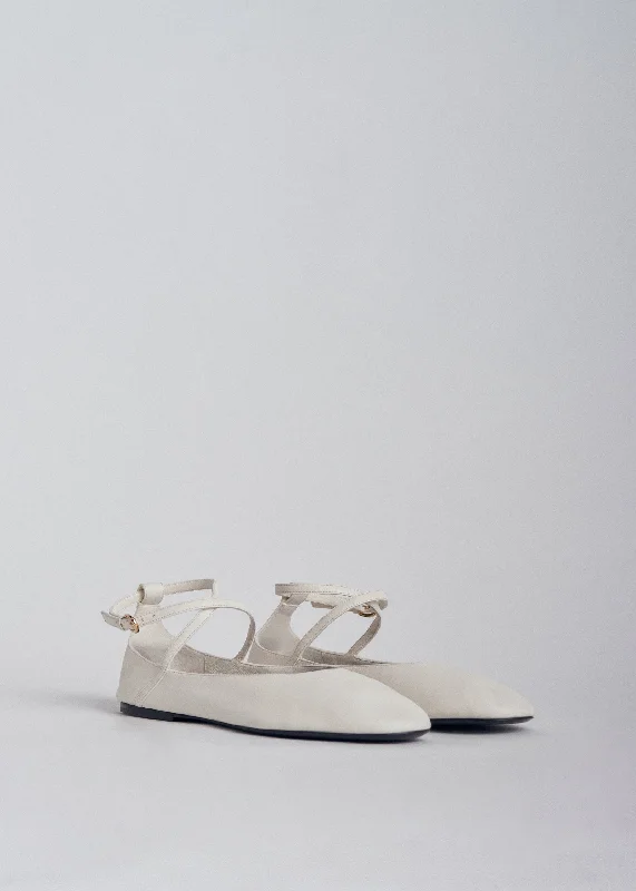 Ankle Strap Ballerina in Chiffon Leather - Ivory