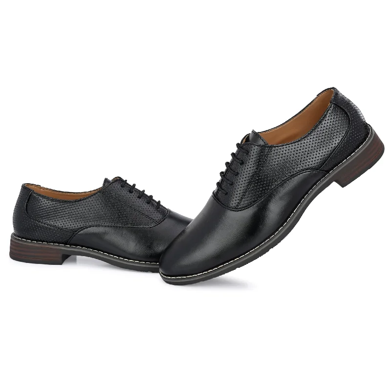 Attitudist Unisex Handcrafted Oxford Black Formal Laceup Derby Shoes With Dotted Texture