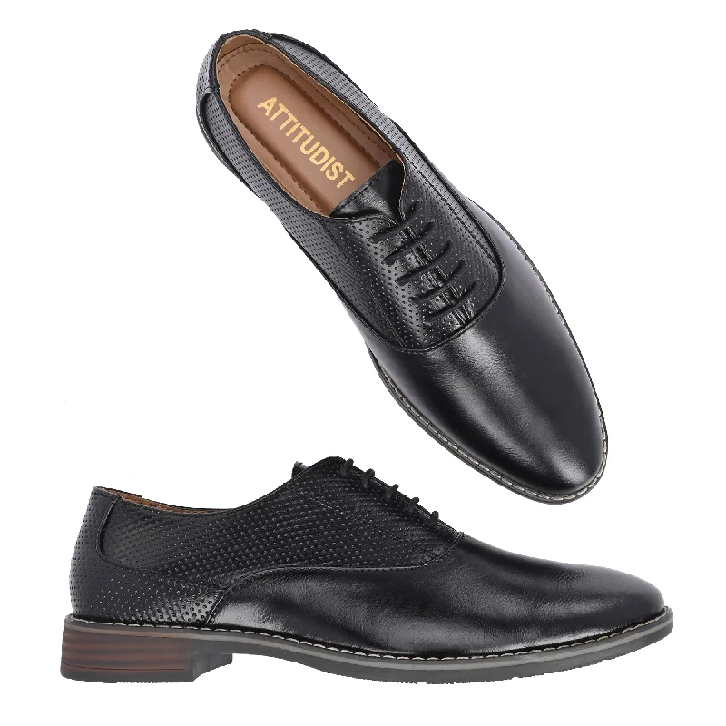 Attitudist Unisex Handcrafted Oxford Black Formal Laceup Derby Shoes With Dotted Texture