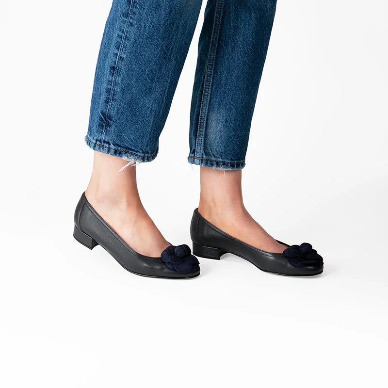 Fabucci Navy Leather Ballet Flat with Flower