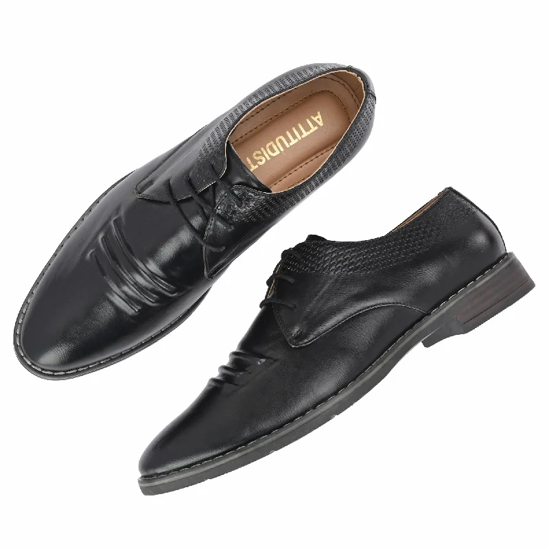 Attitudist Unisex Handcrafted Derby Black Formal Lace-up Shoes With Round Toe And Textured Vamp