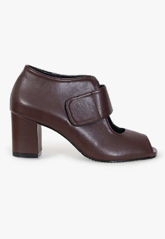 Nancy Peep Toe Velcro Strap Boots - Dark Brown